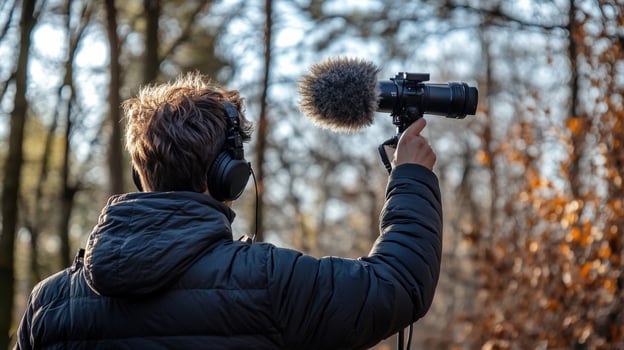 In a vibrant outdoor setting the boom operator extends the microphone overhead balancing the equipment with one hand while shielding their ears from ambient noise showcasing the meticulou photo