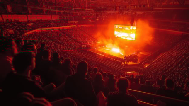 A wideangle view of the packed arena with spectators tightly seated and their faces illuminated by the glow of screens while a blurred motion effect captures the energy of the crow photo