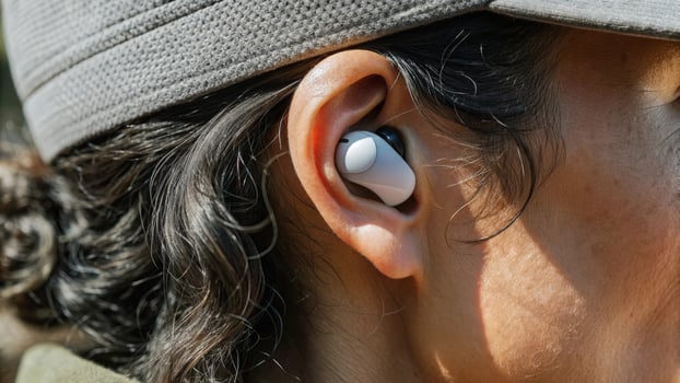 A closeup of an individuals ear with a biometric earbud streaming data related to respiratory rate and environmental noise levels innovatively merging personal communication with. photo
