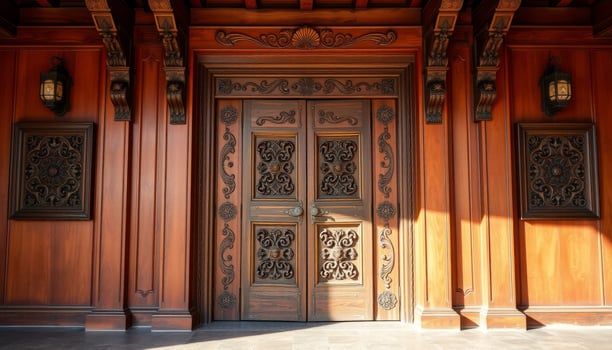 Ornate Carved Wooden Door in Rich Brown Wooden Wall photo