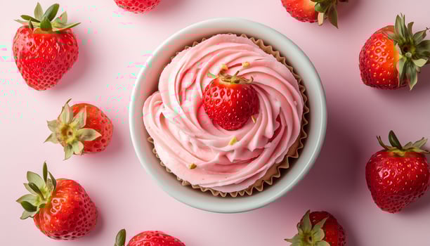 Strawberry cream topping cupcake on bowl with fresh fruit on pink background photo