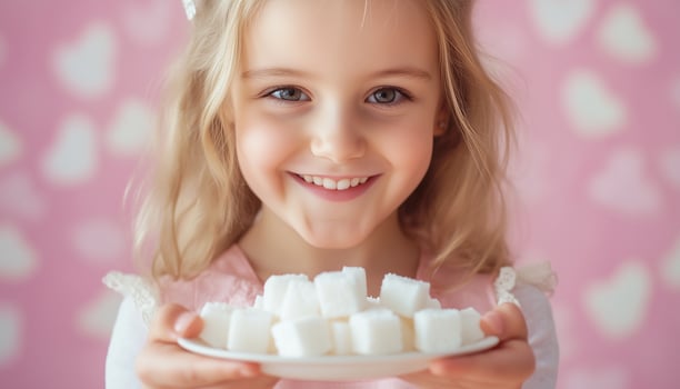 Little girl with hands holding sugar cube on white plate photo