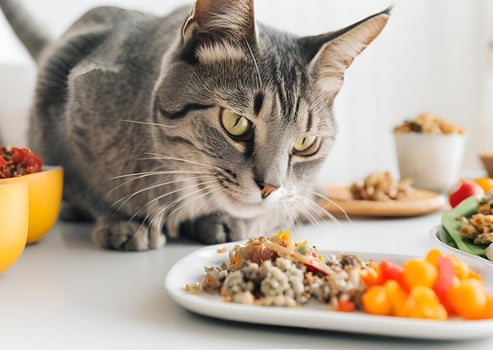 Grey Tabby Cat Eating Delicious Gourmet Cat Food Meal photo