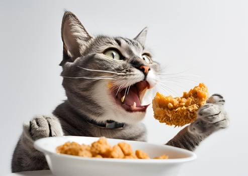 Hungry Grey Cat Devouring Delicious Chicken Nuggets and Cat Food photo