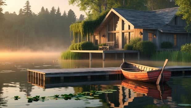 Tranquil lakeside retreat at dawn with a wooden boat near a cozy cabin photo