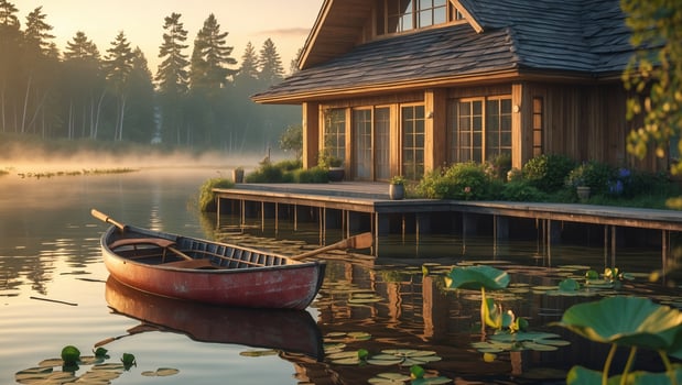 Tranquil lakeside retreat with a wooden cottage and a red canoe at dawn photo