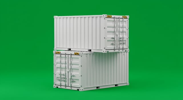 Two white shipping containers on a green background photo