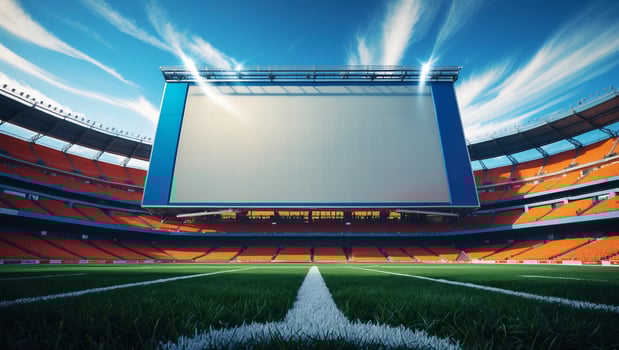 Outdoor stadium with large screen and vibrant seating under a clear blue sky during daylight photo