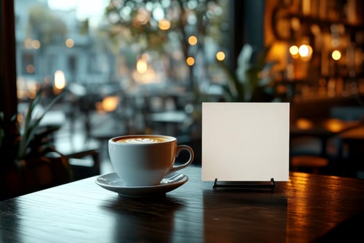 Blank menu card mockup on cafe table with coffee., photo