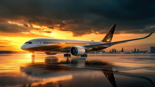a Side view of aircraft at the terminal at sunset. photo