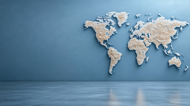 World map on blue wall with reflection photo