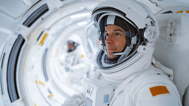 Astronaut in space simulation lab, focused and ready for testing photo