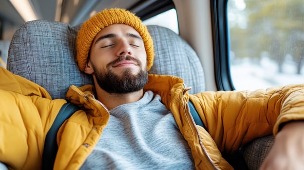 traveler relaxing and sleeping on long haul bus journey photo