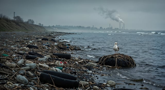 Pollution Seashore Bird Industrial Cityscape View sky smog dark grey ocean waste coast beach water photo
