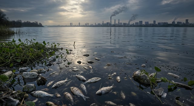Polluted Riverbank Dead Fish Industrial Cityscape Environmental Disaster Waste Water Toxic Shore photo