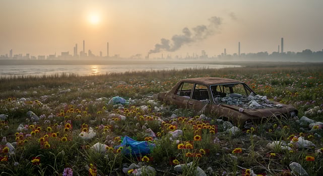 Rusty Car Abandoned in Flower Field Industrial Sunset decay plant image waste nature summer orange photo