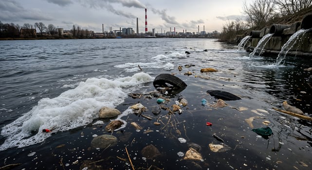 Polluted River Industrial Waste Water Pollution Environmental Disaster foam trash toxic damage photo