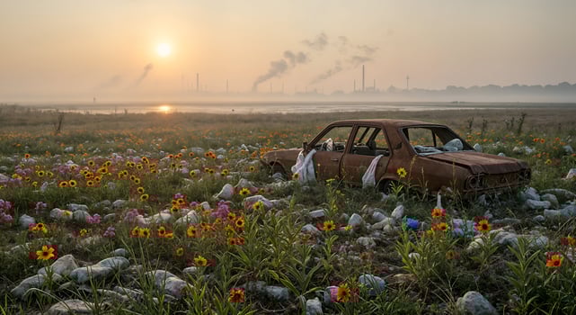 Rusty Car Abandoned in Wildflower Field Sunrise Industrial Background decay plant image rocks nature photo