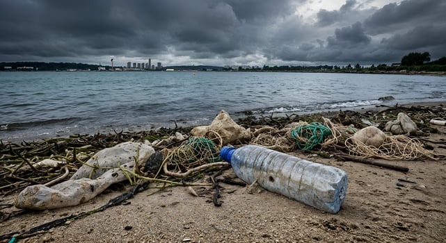 Ocean Pollution Plastic Bottle Debris Sandy Beach Environmental Disaster Sea Waste Trash Water photo