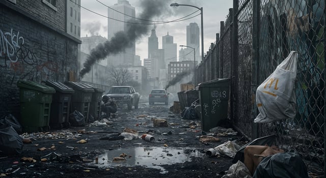 Post Apocalyptic City Alleyway Grimy Urban Decay Scene Dark smog cars trash fence waste street photo