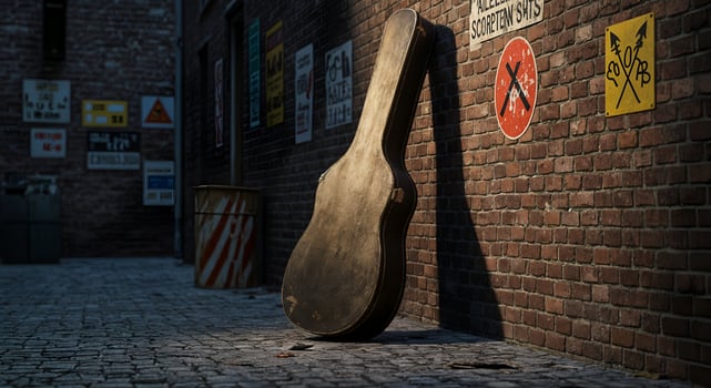 Vintage Guitar Case Alleyway Urban Backdrop Music Scene Old Wall Dark City Aged Worn Rock Brick photo