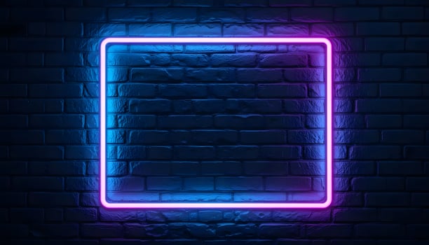 neon square frame on brick wall background, brick photo