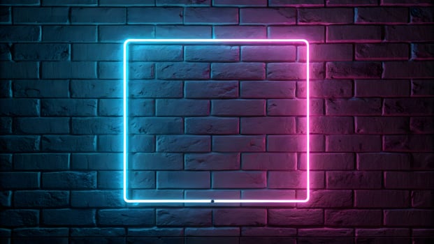 neon square frame on brick wall background photo