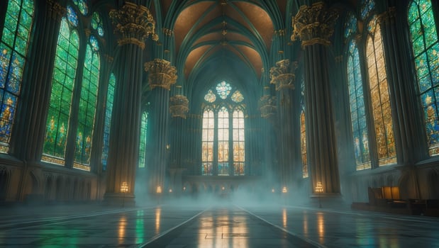 Grand cathedral interior with stained glass windows and mist in a serene atmosphere during daylight photo