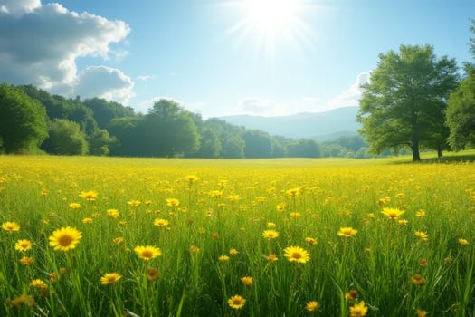 Sunlit Meadow Landscape Vibrant Yellow Wildflowers Green Grass Trees and Mountains photo