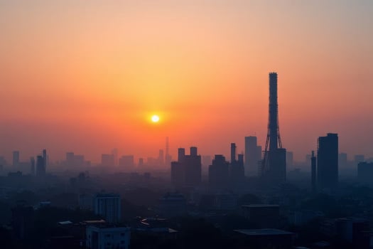 Stunning Sunrise Silhouette Over City Skyline with Tall Building photo