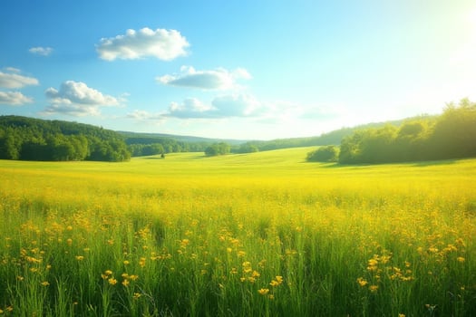 Serene Summer Meadow Landscape Yellow Wildflowers Green Grass Blue Sky photo