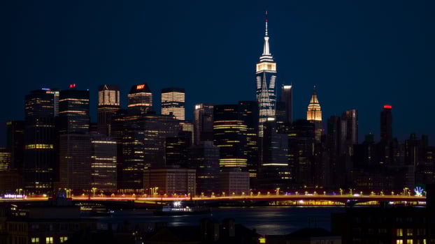 Night View of Illuminated Manhattan Skyline with Skyscrapers and Bridge photo