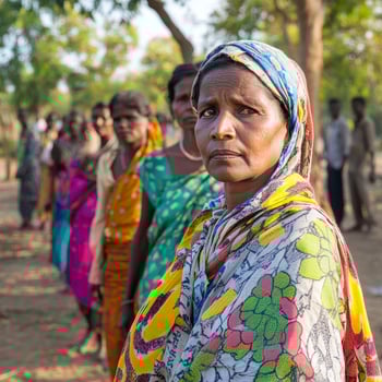 Portrait of a Woman in Colorful Sari in Rural Setting photo