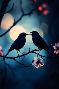 Two birds chirping on a branch at sunset with bokeh and flowers photo