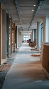Long corridor under construction showing concrete pillars and messy floor photo