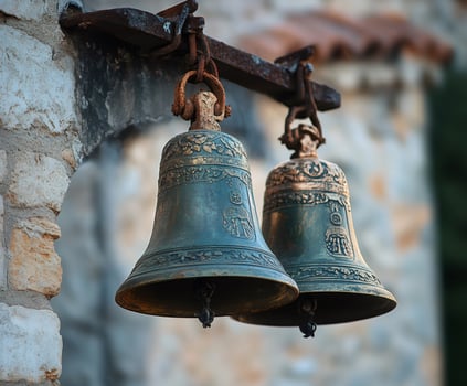 Two old bells hanging on rusty metal bar on blurred stone wall background photo