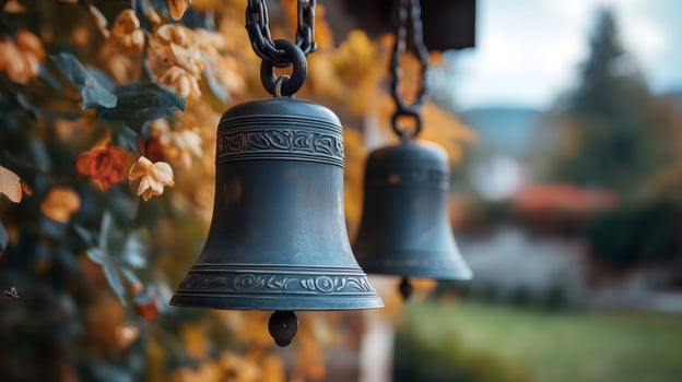 Two bells hanging outdoors with autumn leaves in background photo