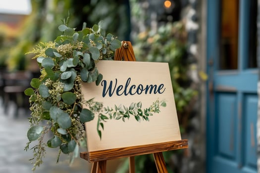 Welcome sign with floral decoration greeting customers at the entrance of a shop photo