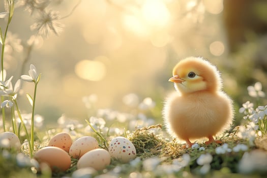 Cute baby chick enjoying easter morning in the garden photo