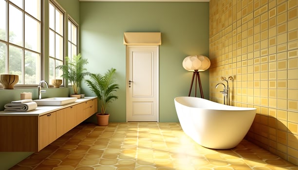 Contemporary Bathroom Design with Natural Light and Vibrant Color Scheme photo