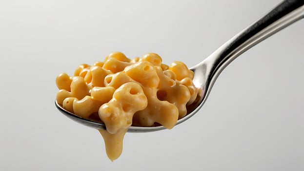 Closeup view of creamy macaroni and cheese on a spoon ready to eat photo