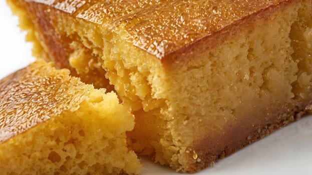 Closeup of golden cornbread showing a moist texture and crispy top crust photo