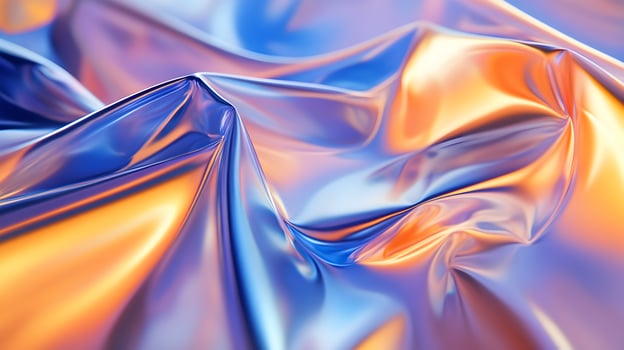 Iridescent Fabric Waves, Abstract Motion of Satin Cloth with Vibrant Blue and Golden Orange Hue photo