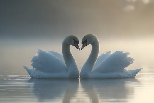 Romantic Swan Pairing at Dawn in Serene Misty Lake photo