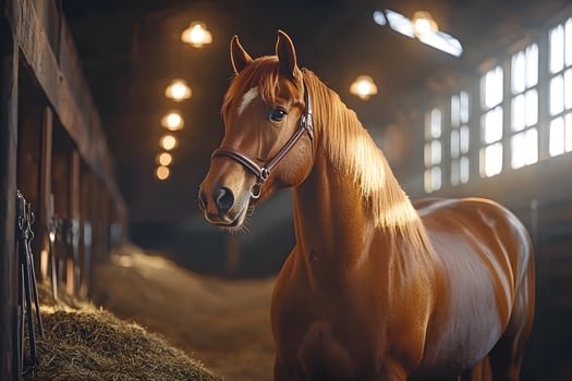 Majestic Chestnut Horse in Sunlit Stable - Equine Beauty and Tranquility photo