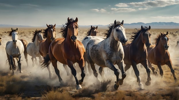 A photo herd of wild horses galloping across a vast plain.