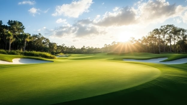 picturesque golf course with lush green fairways and sand traps under bright sky. sun sets, creating serene atmosphere photo