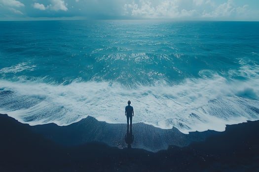 Solitary Figure on Black Sand Beach Overlooking Vast Ocean Horizon photo