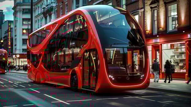 Futuristic red double-decker bus cruising through a vibrant cityscape photo