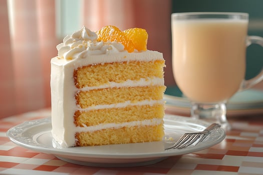 Delicious Citrus Cake Slice with Whipped Cream in Cozy Cafe Setting photo